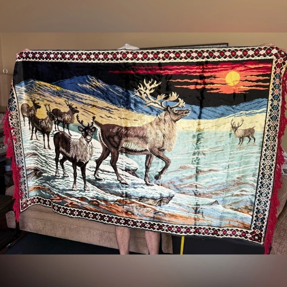 VTG 70's Reindeer Caribou Elk Velveteen Christmas Cabin Tapestry Decor BIG